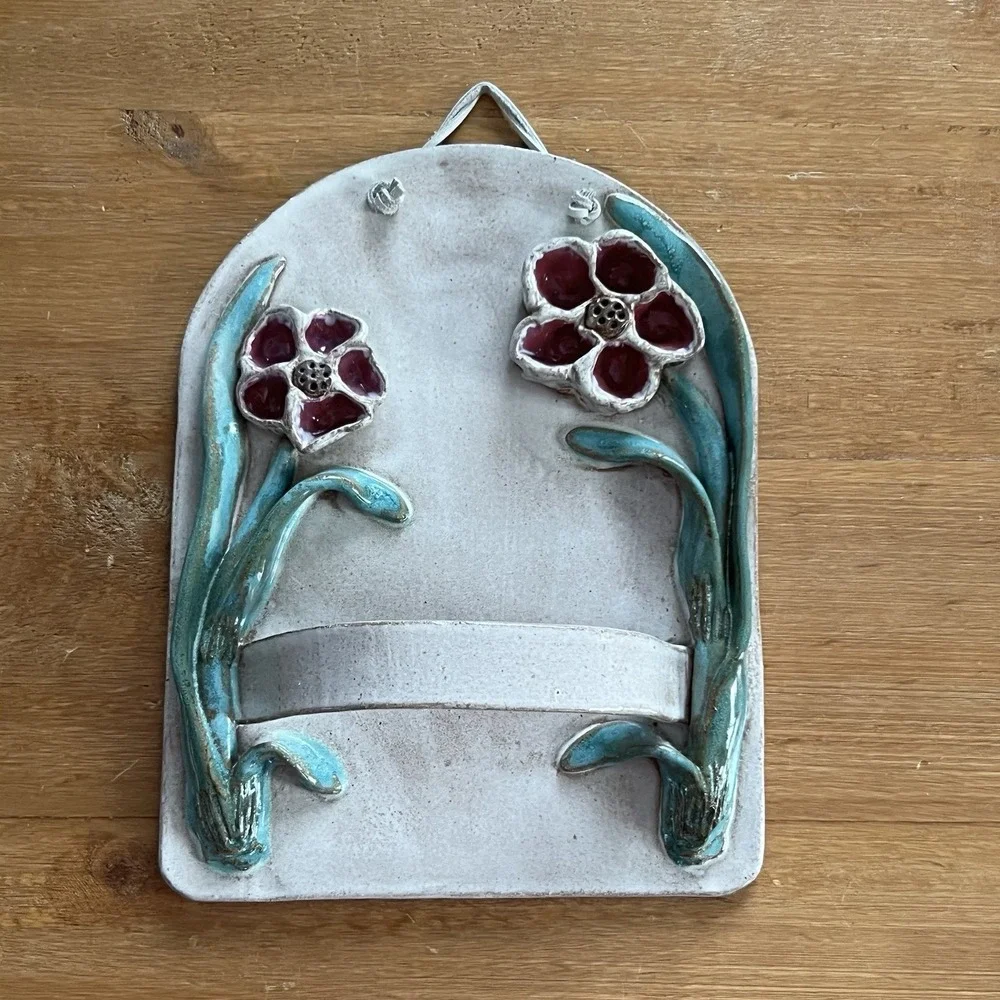 Handmade Studio Clay Art Wall Towel Holder 3D Floral Rack Rustic Artist Signed